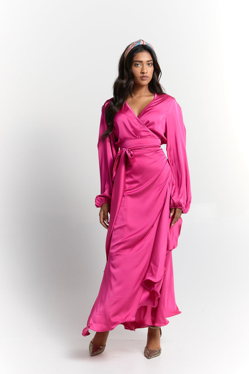 Endless Moments Marsala Satin Long Sleeve Wrap Maxi Dress, 44% OFF